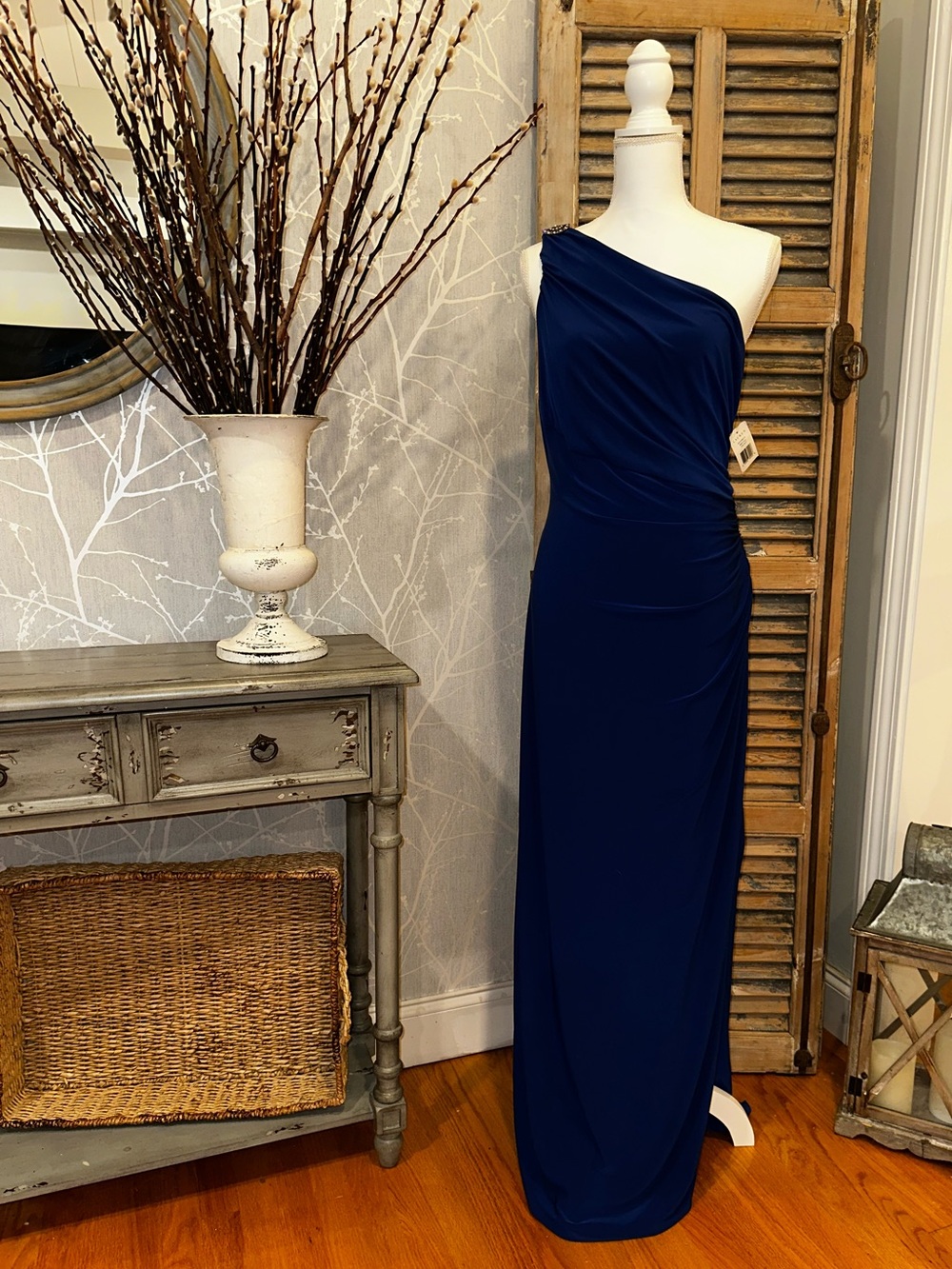 NWT Lauren Ralph Lauren Evening Tidal Blue Stretch Jersey One Shoulder Gown - 16